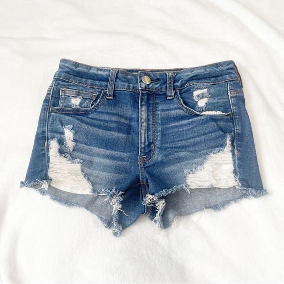 American Eagle Outfitters Pants - American Eagle hi rise shortie jean shorts ripped blue super stretch denim 6 AEO